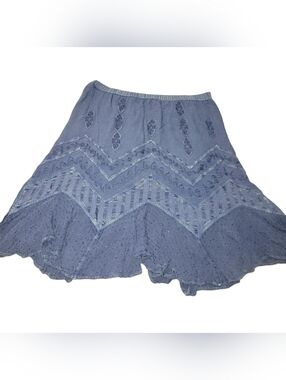 Emotions Vintage Blue Embroidered Handkerchief Hemline Bohemian Flowy Skirt L